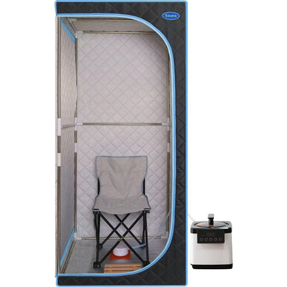 Portable Plus Type Full Size Steam Sauna tent. Spa, Detox, Therapy and Relaxation at home.Larger Space, Stainless Steel Pipes Connector Easy to Install, with FCC Certification--Black (Blue binding)