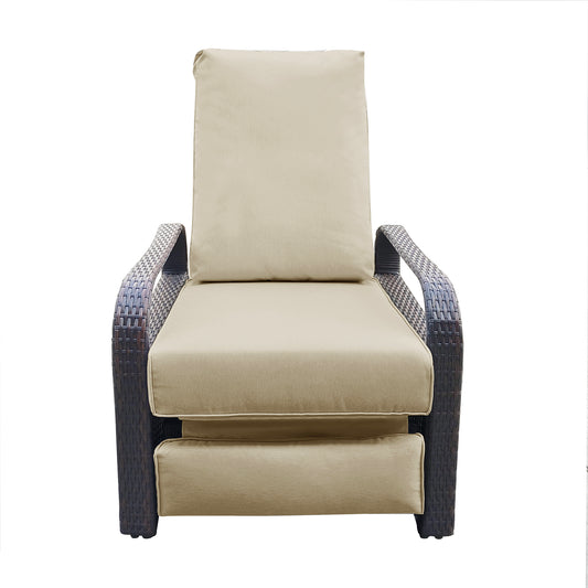 Outdoor Recliner, Automatic Adjustable Wicker Lounge Recliner Chair with Comfy Thicken Cushion, All Weather Aluminum Frame, Brown Wicker + Khaki Cushion