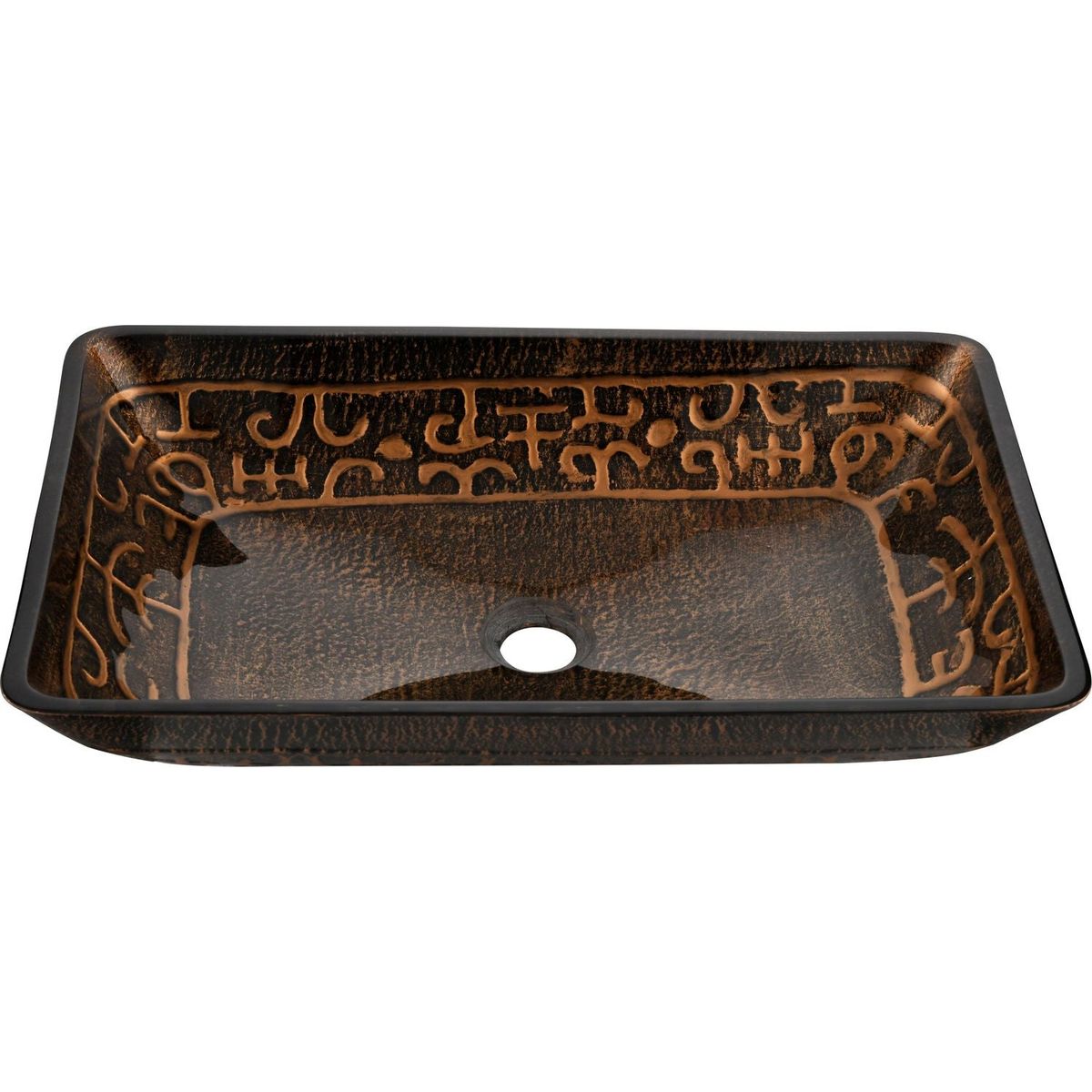 22.25" L -14.5" W -4.5" H Golden Handmade Glass Rectangle Vessel Bathroom Sink in Brown and Gold Fusion Finish with Faucet and Pop-Up Drain in Matte Black