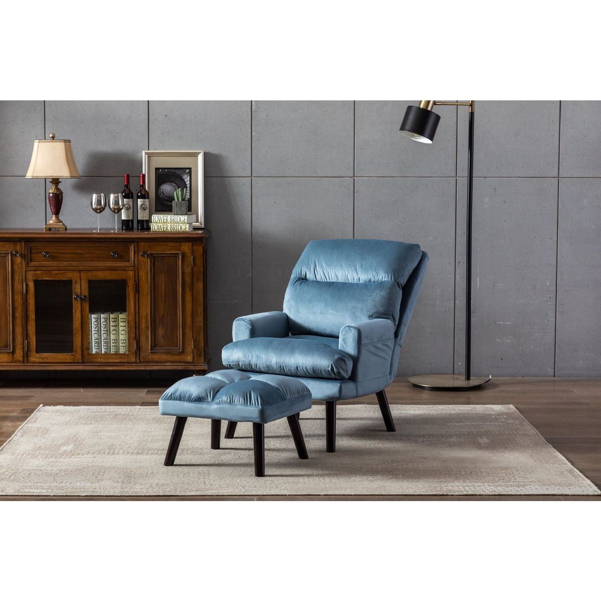 Soft Comfortable 1pc Accent Click Clack Chair with Ottoman Light Blue Fabric Upholstered Black Finish Legs Living Room Furniture