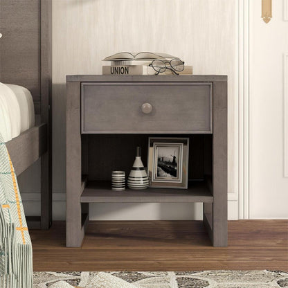 Wooden Nightstand with a Drawer and an Open Storage, End Table for Bedroom, Anitque Gray