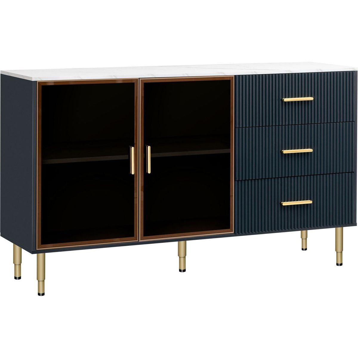Modern Sideboard MDF Buffet Cabinet Marble Sticker Tabletop and Amber-yellow Tempered Glass Doors with Gold Metal Legs & Handles (Navy Blue)
