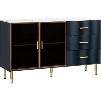 Modern Sideboard MDF Buffet Cabinet Marble Sticker Tabletop and Amber-yellow Tempered Glass Doors with Gold Metal Legs & Handles (Navy Blue)