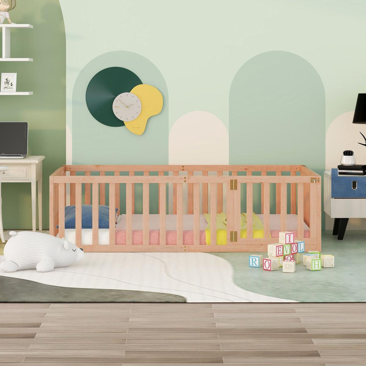 Twin Size Wood Floor Bed Frame with Fence and Door, Natural - Streamdale Furniture