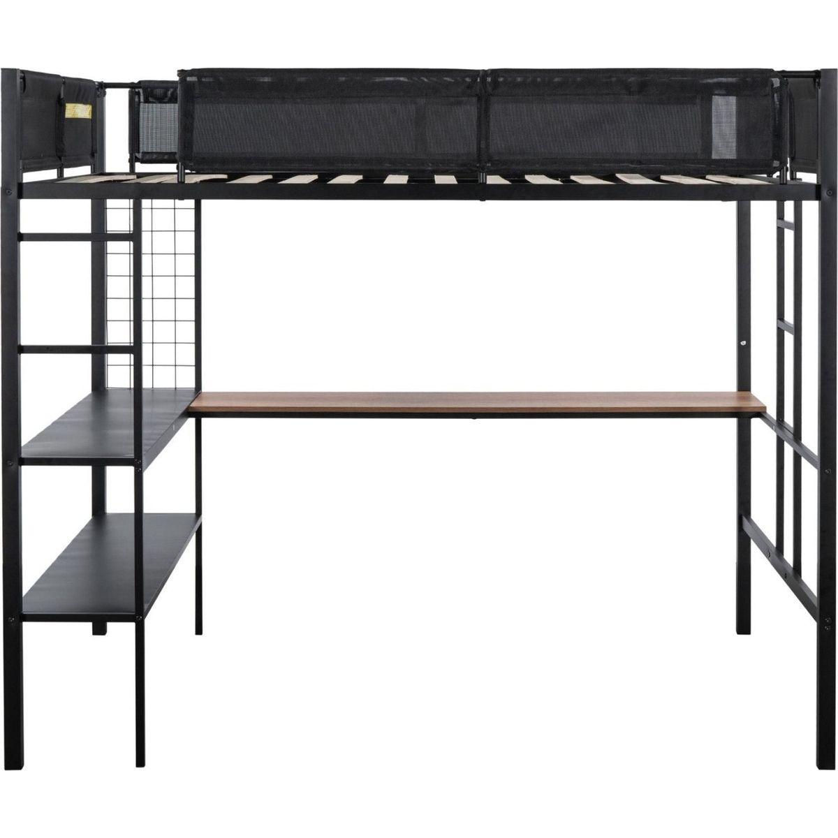 Metal Full Size Loft Bed with Desk & Shelves/ Sturdy Metal Bed Frame/ Noise-free Wood Slats/ Comfortable Textilene Guardrail/ Built-in Desk, 2-tier Shelves & Grid Panel/ 2 Side Ladders