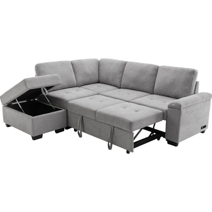Sleeper Sectional Sofa, L-Shape Corner Couch Sofa-Bed with Storage Ottoman & Hidden Arm Storage & USB Charge for Living Room Apartment, Gray