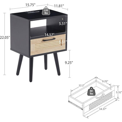 15.75" Rattan End table with Power Outlet & USB Ports, Modern nightstand with drawer and solid wood legs, side table for living roon, bedroom, black