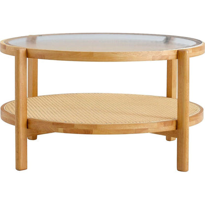 Modern simple circular double-layer solid wood tea table rattan woven Chinese side table small round table suitable for living room, dining room and bedroom