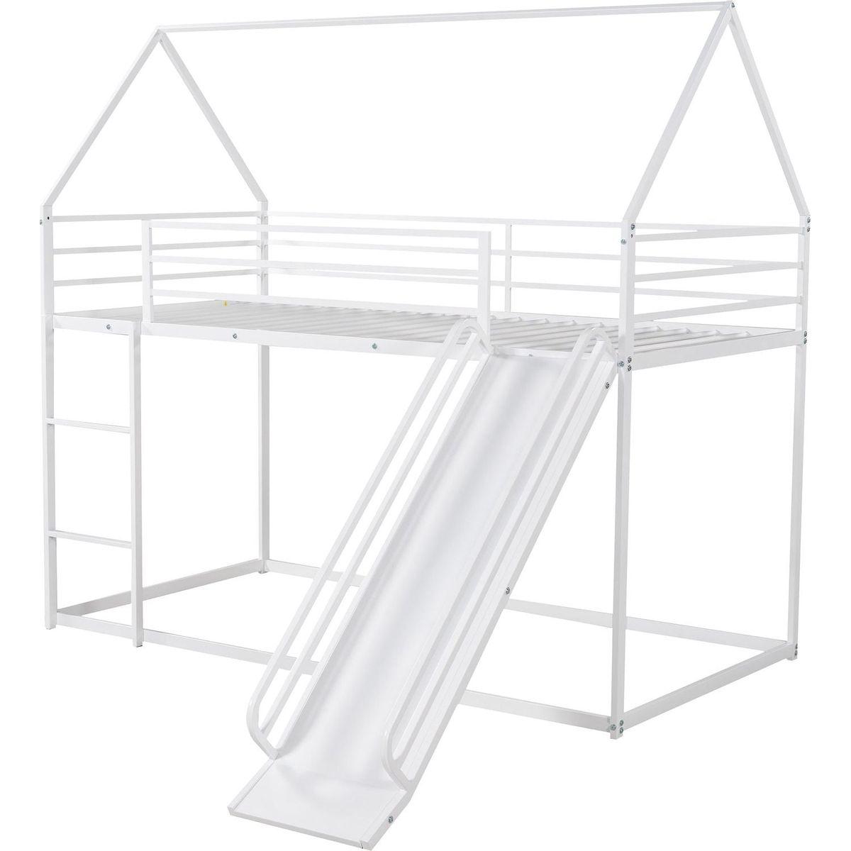 Twin over Twin House Bunk Bed with Ladder and Slide, White - Streamdale Furniture