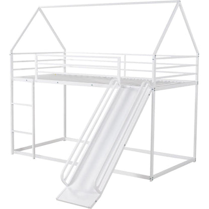 Twin over Twin House Bunk Bed with Ladder and Slide, White - Streamdale Furniture