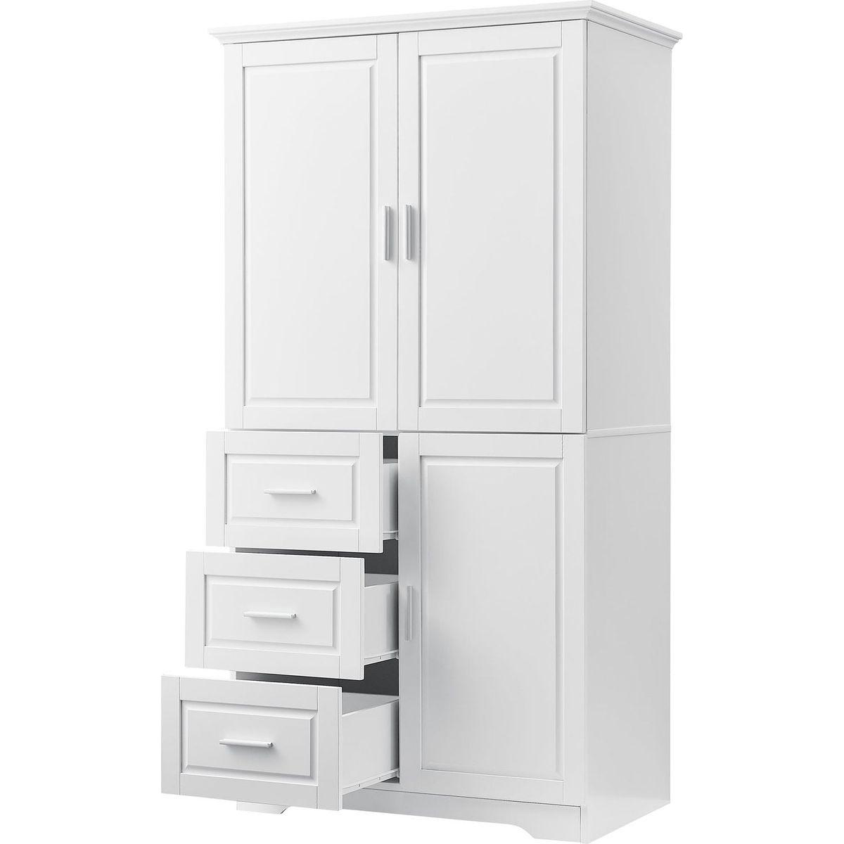 Tall and Wide Storage Cabinet with Doors for Bathroom/Office, Three Drawers, White