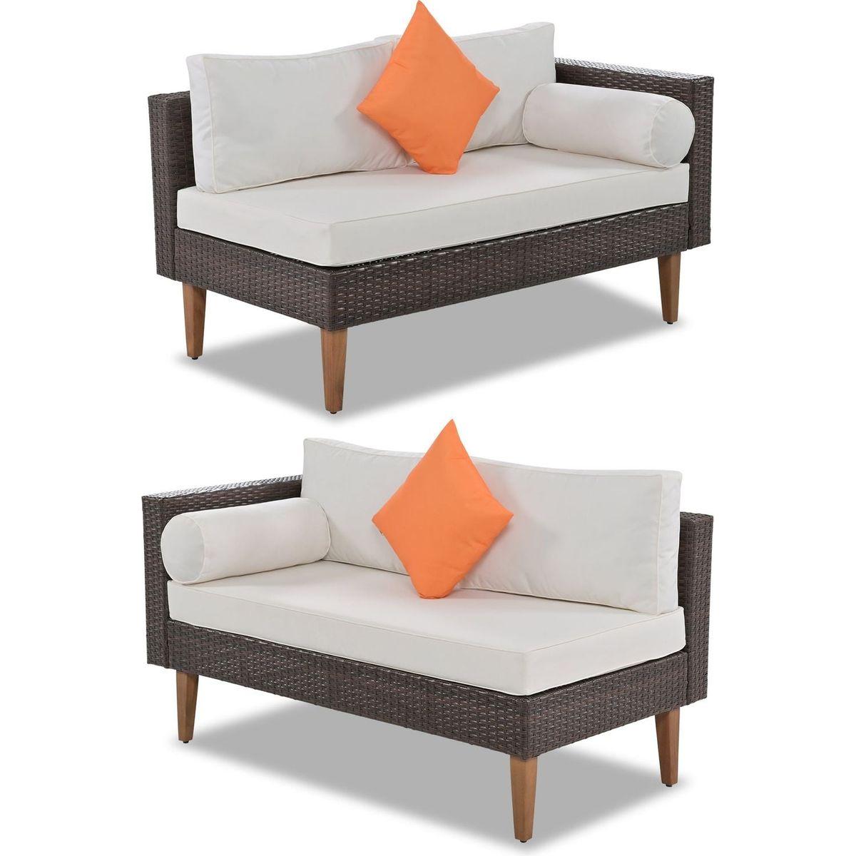 GO 4-pieces Outdoor Wicker Sofa Set, Patio Furniture with Colorful Pillows, L-shape sofa set, Beige cushions and Brown Rattan