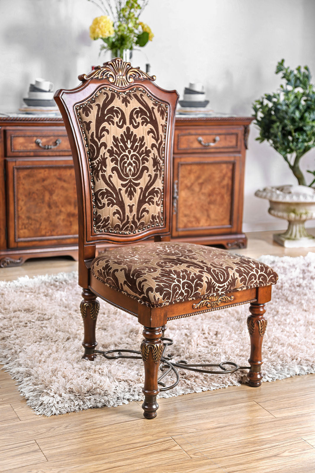 Traditional Fancy Set of 2pcs Side Chairs Brown Cherry Solid wood Intricate Carved Details Floral Design Print Fabric Seats Formal Dining Room Furniture