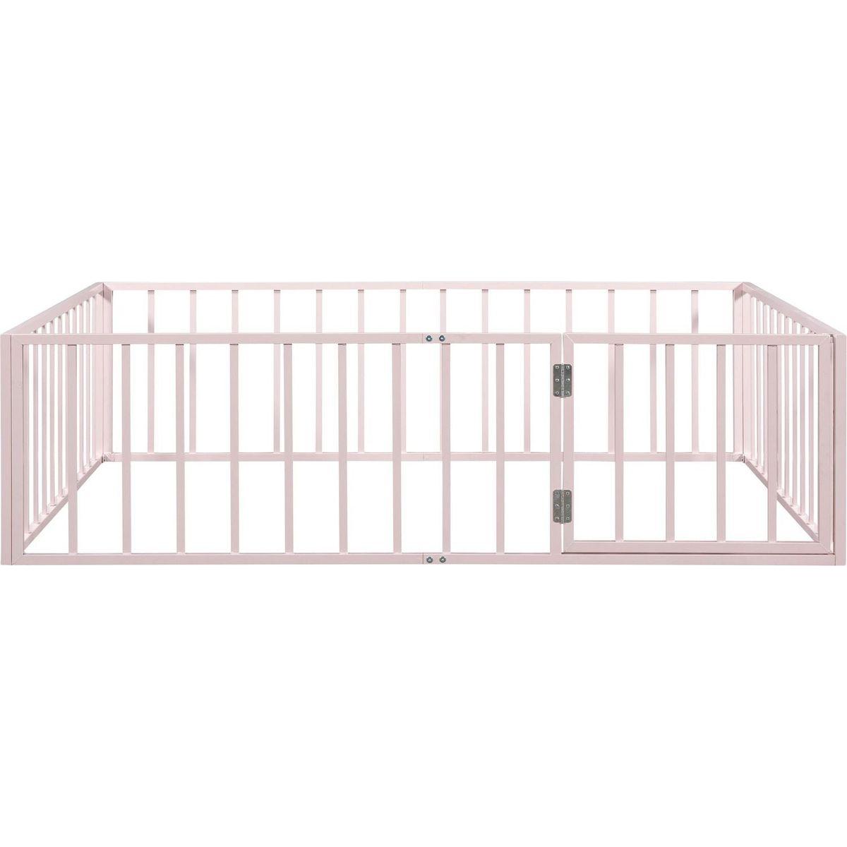Full Size Metal Floor Bed Frame with Fence and Door, Pink