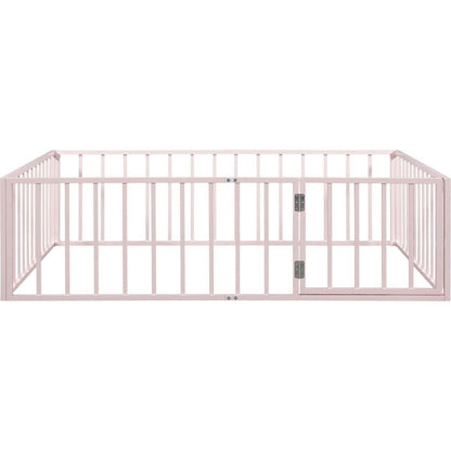 Full Size Metal Floor Bed Frame with Fence and Door, Pink