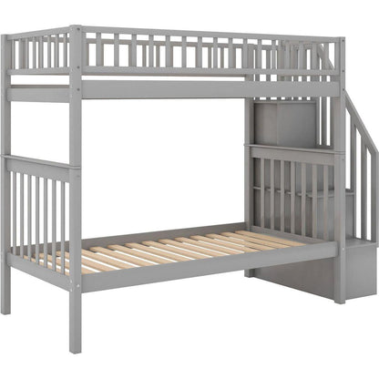 Twin over Twin Bunk Bed with Trundle and Storage, Gray