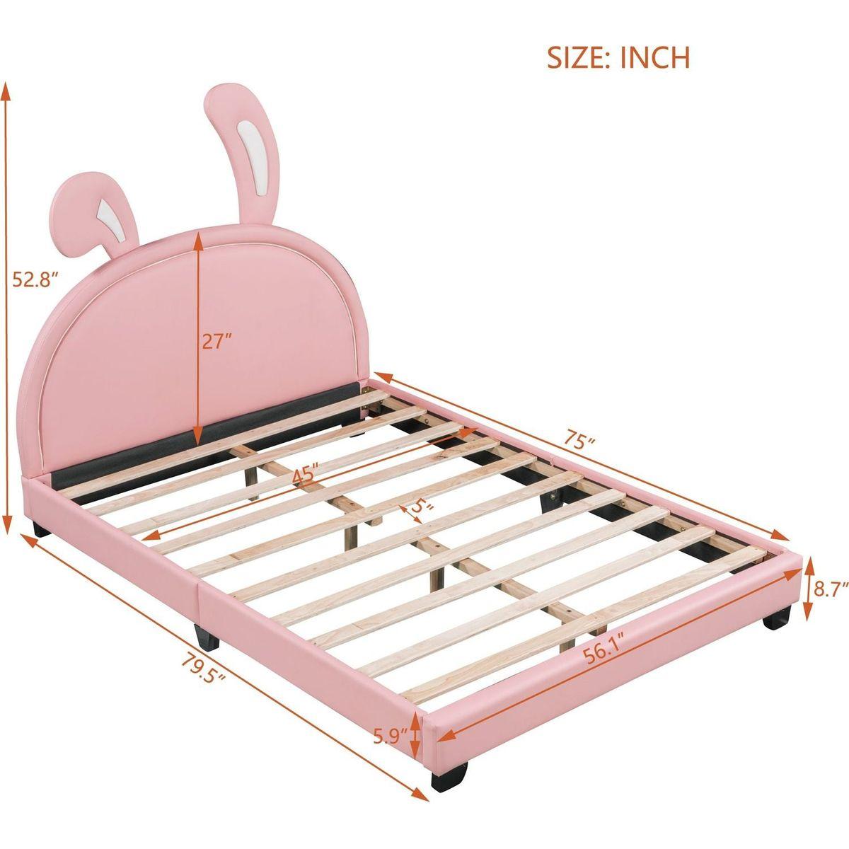 Full Size Upholstered Leather Platform Bed with Rabbit Ornament, Pink