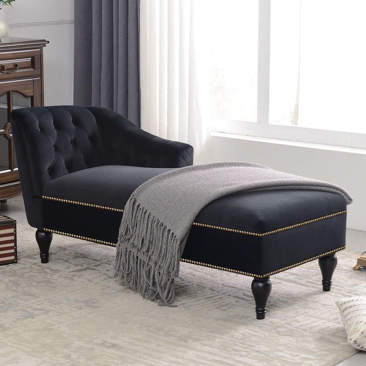 58" Velvet Chaise Lounge, Button Tufted Right Arm Facing Lounge Chair with Nailhead Trim & Solid Wood Legs for Living Room or Office, Sleeper Lounge Sofa (Black)