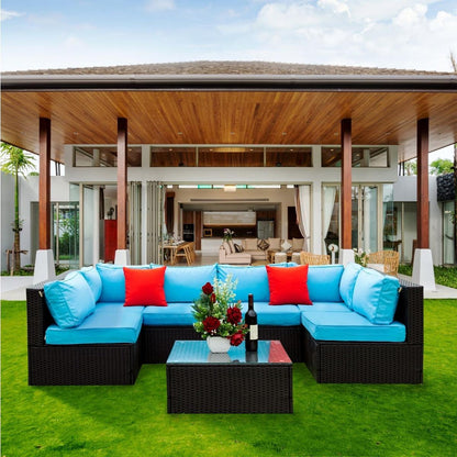 5 Pieces PE Rattan sectional Outdoor Furniture Cushioned U Sofa set with 2 Pillow