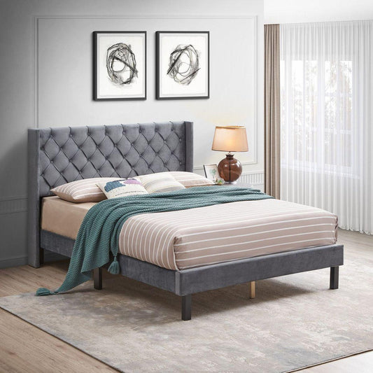 Velvet Button Tufted-Upholstered Bed with Wings Design - Strong Wood Slat Support - Easy Assembly - Gray, Queen, platform bed - Streamdale Furniture