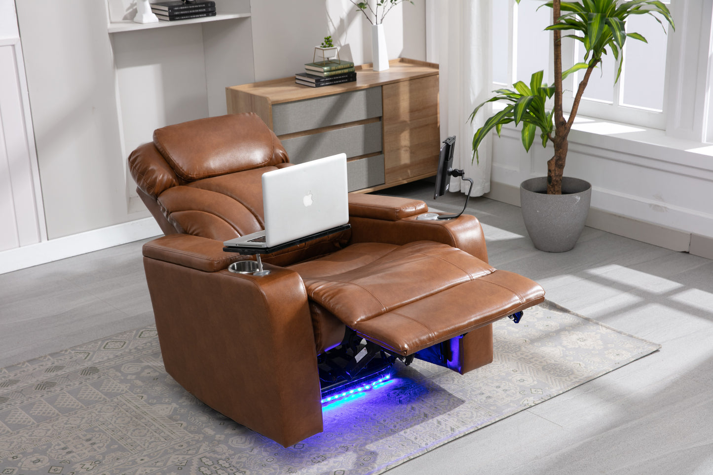 Power Motion Recliner with USB Charging Port and Hidden Arm Storage, Home Theater Seating with Convenient Cup Holder Design, and stereo(Light Brown)