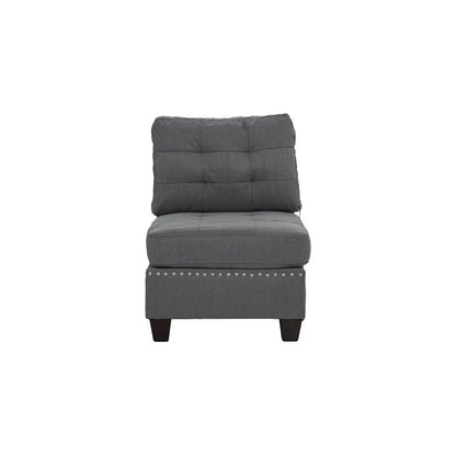 Modular Sectional 6pc Set Living Room Furniture L-Sectional Gray Linen Like Fabric Tufted Nail heads 2x Corner Wedge 2x Armless Chairs and 2x Ottomans