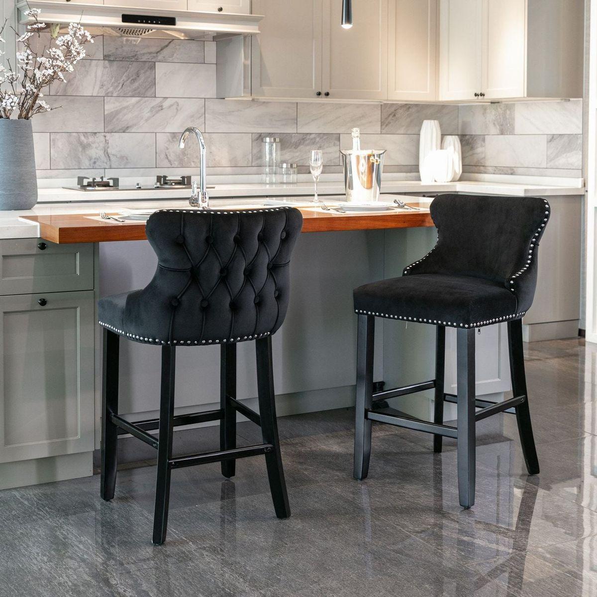 Contemporary Velvet Upholstered Wing-Back Barstools with Button Tufted Decoration and Wooden Legs, and Chrome Nailhead Trim, Leisure Style Bar Chairs, Bar stools, Set of 2 (Black)