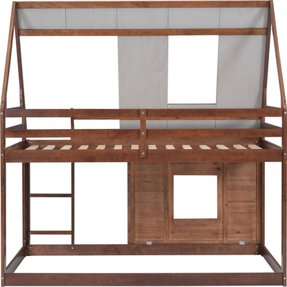 Wood Twin Size House Bunk Bed with Roof, Ladder and 2 Windows, Oak & Smoky Grey