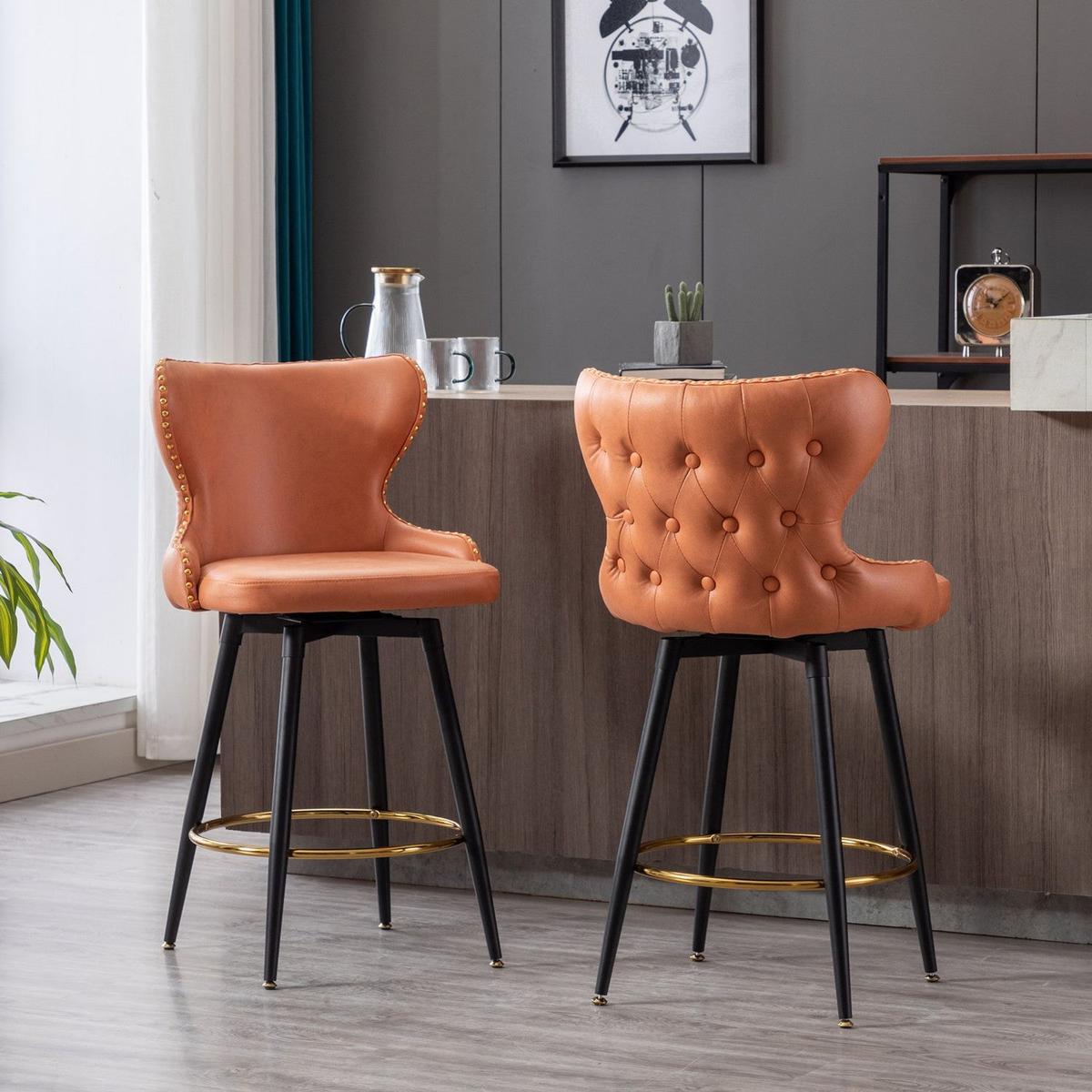 Counter Height 25" Modern Leathaire Fabric bar chairs, 180 degree Swivel Bar Stool Chair for Kitchen, Tufted Gold Nailhead Trim Bar Stools with Metal Legs, Set of 2 (Orange)