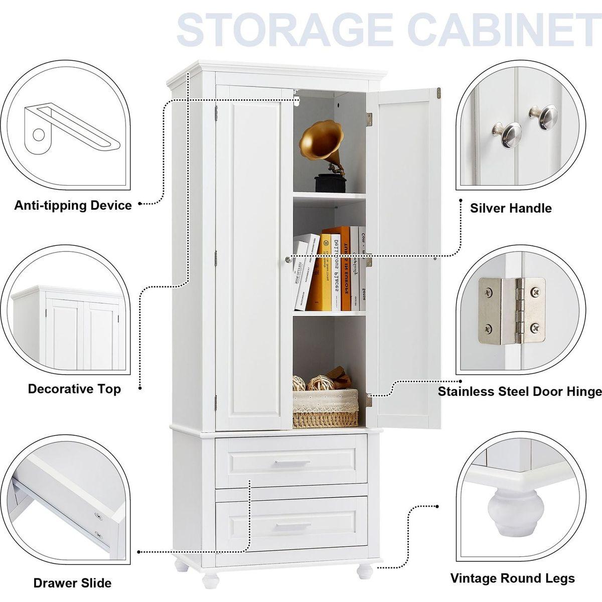 Tall Storage Cabinet with Two Drawers for Bathroom/Office, White