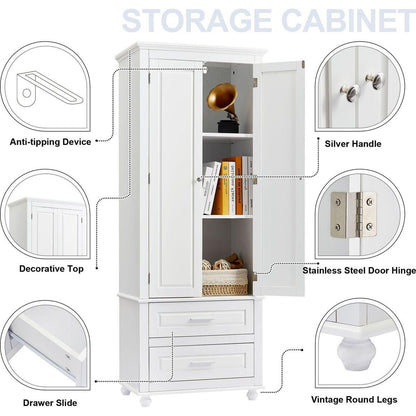 Tall Storage Cabinet with Two Drawers for Bathroom/Office, White
