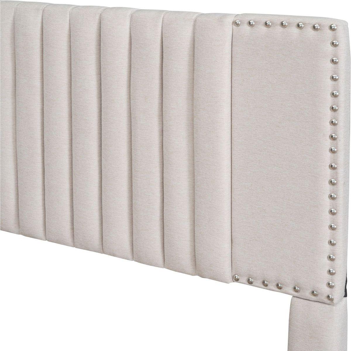 Queen Size Upholstered Platform Bed with 2 Drawers and 1 Twin XL Trundle, Classic Headboard Design, Beige