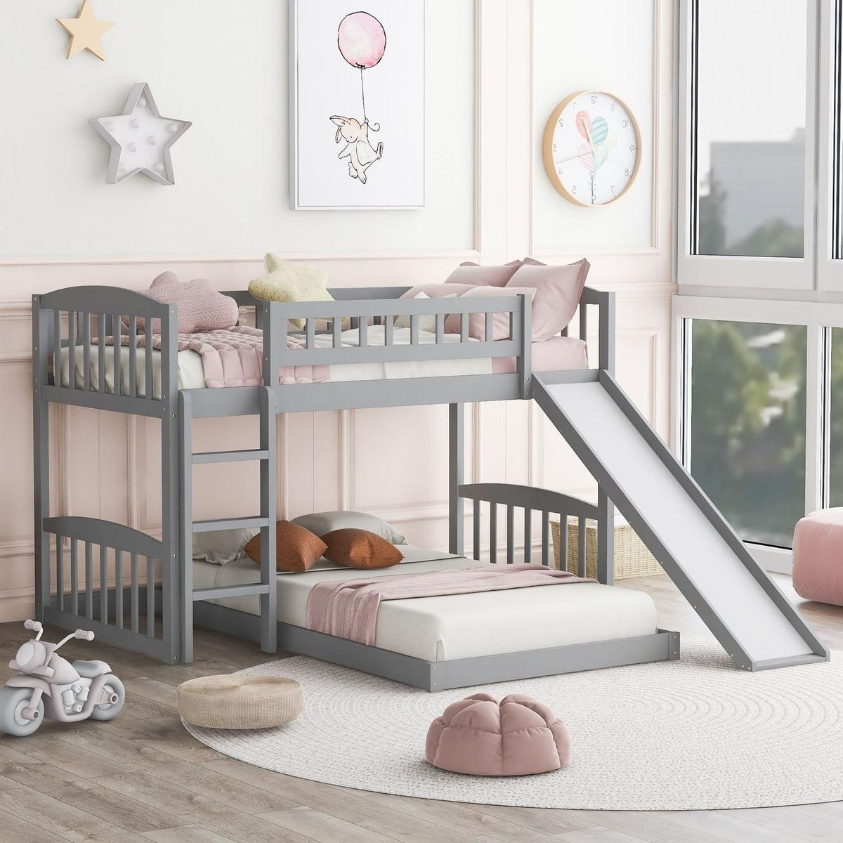 Twin Over Twin Bunk Bed with Slide and Ladder, Gray