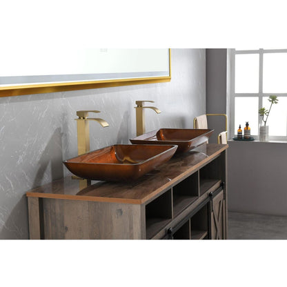 22.5" L -L -14.5" W -4 1/2 in. Handmade Glass Rectangle Vessel Bathroom Sink Set in Rich Chocolate Brown Finish with gold Faucet and gold Pop Up Drain