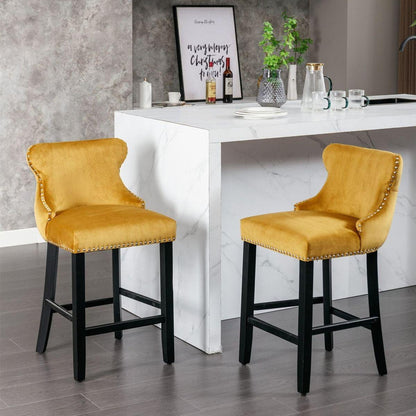 Contemporary Velvet Upholstered Wing-Back Barstools with Button Tufted Decoration and Wooden Legs, and Chrome Nailhead Trim, Leisure Style Bar Chairs, Bar stools, Set of 2 (Gold)