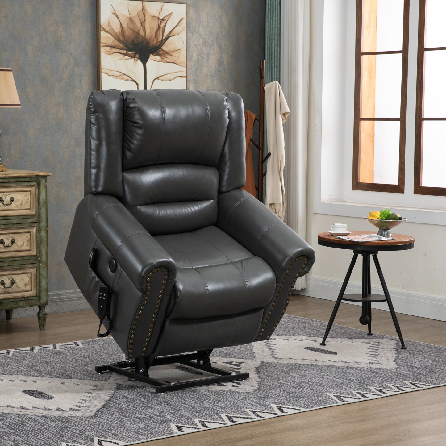 Power Lift Recliner Chair Heat Massage Dual Motor Infinite Position Up to 350 LBS, Faux Leather, Heavy Duty Motion Mechanism with USB Ports, Grey