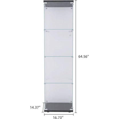 4 Shelves Glass Cabinet Glass Display Cabinet with One Door, Black - Streamdale Furniture