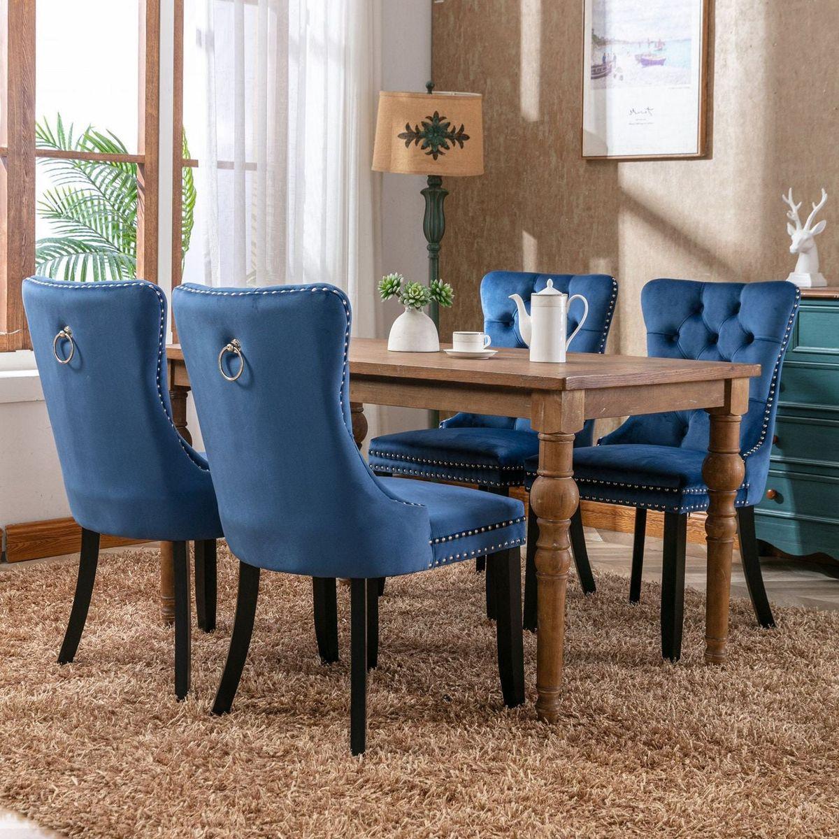 Nikki Collection Modern, High-end Tufted Solid Wood Contemporary Velvet Upholstered Dining Chair with Wood Legs Nailhead Trim 2-Pcs Set,Blue