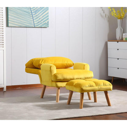 Soft Comfortable 1pc Accent Click Clack Chair with Ottoman Yellow Fabric Upholstered Oak Finish Legs Living Room Furniture