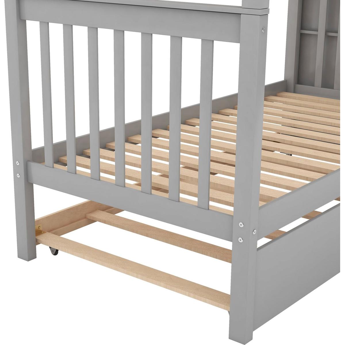 Twin over Twin Bunk Bed with Trundle and Storage, Gray