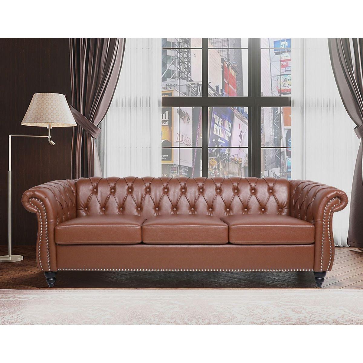House 84' BROWN PU Rolled Arm Chesterfield Three Seater Sofa. - Streamdale Furniture