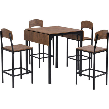 Farmhouse 5-piece Counter Height Drop Leaf Dining Table Set with Dining Chairs for 4, Black Frame+Brown Tabletop