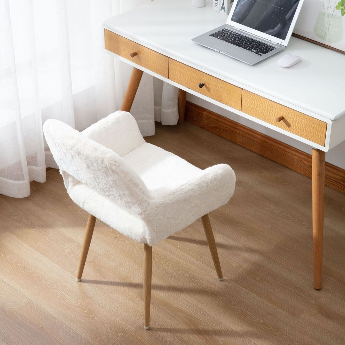 Dining Chairs with Faux Fur, Mid Century Side Chairs with Solid Painting Steel Leg for Dining Room