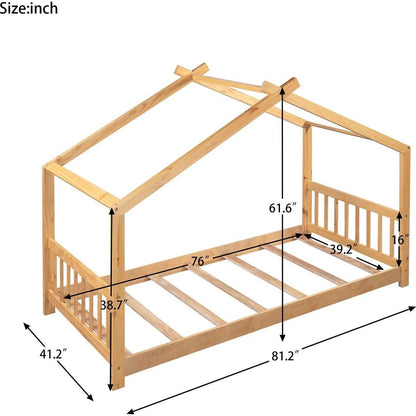 Twin Size House Platform Bed with Headboard and Footboard, Roof Design卢篓Natural
