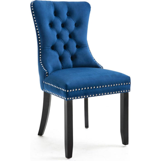 Upholstered Button Tufted Back Blue Velvet Dining Chair with Nailhead Trim and Solid Wood Legs 2 Sets