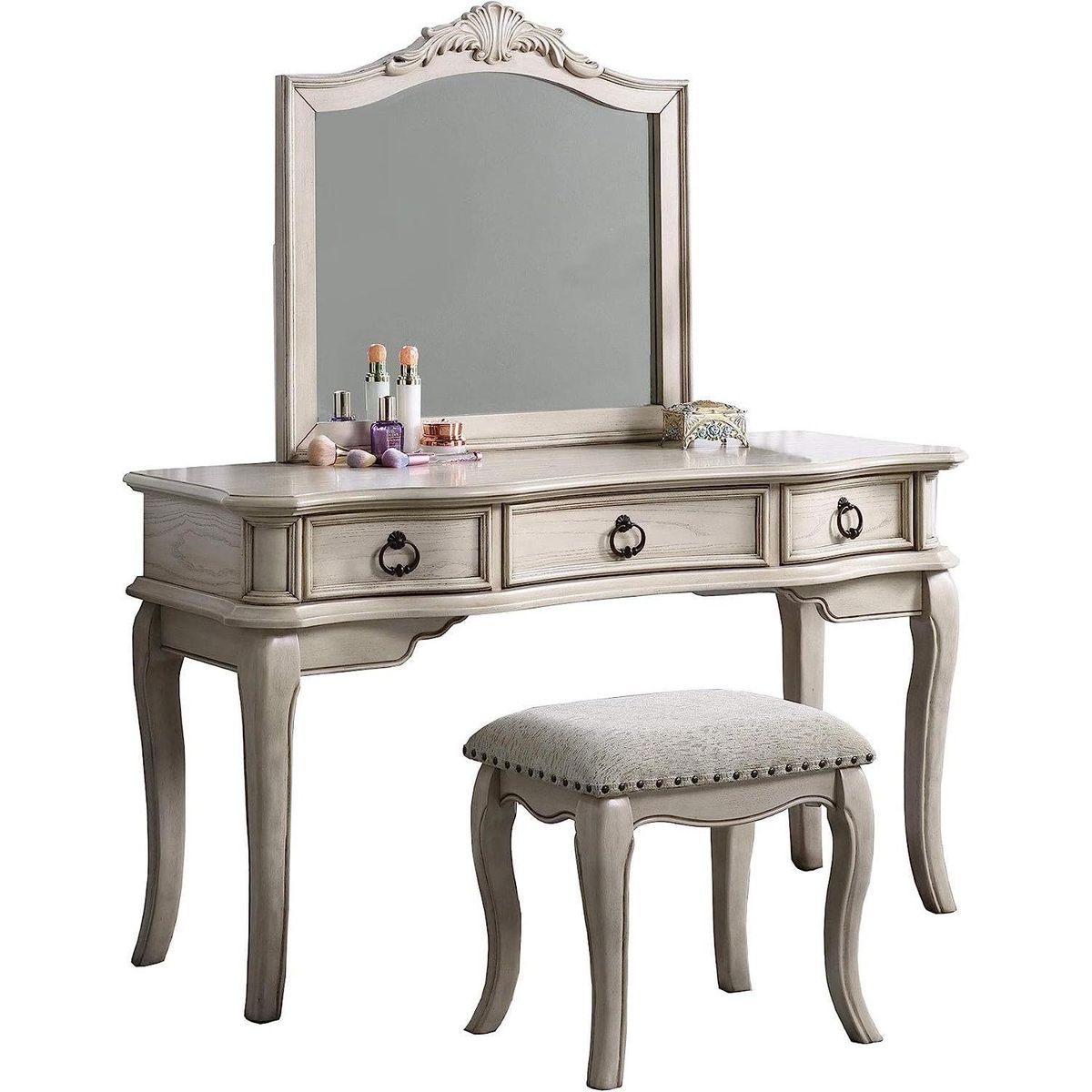 Contemporary Antique White Color Vanity Set w Stool Retro Style Drawers cabriole-tapered legs Mirror w floral crown molding Bedroom Furniture