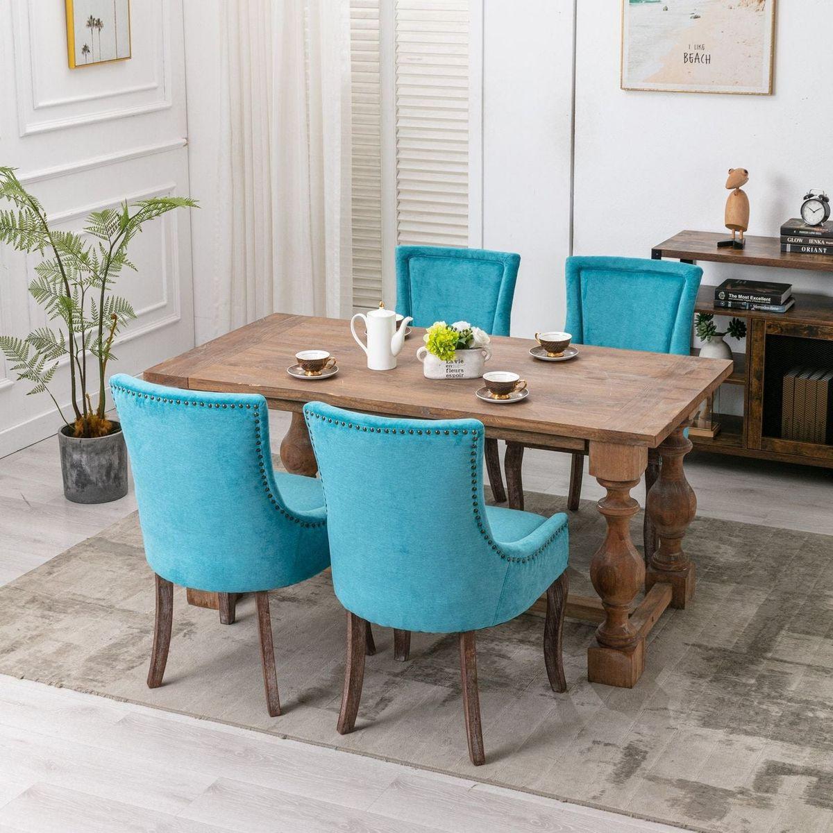 Ultra Side Dining Chair, Thickened fabric chairs with neutrally toned solid wood legs, Bronze nail head, Set of 2, Blue