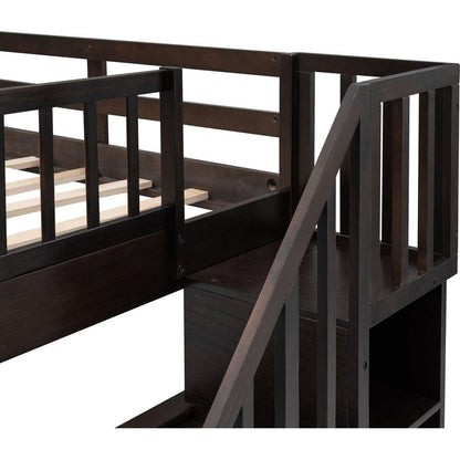 Stairway Full-Over-Full Bunk Bed with Drawer, Storage and Guard Rail for Bedroom, Espresso color