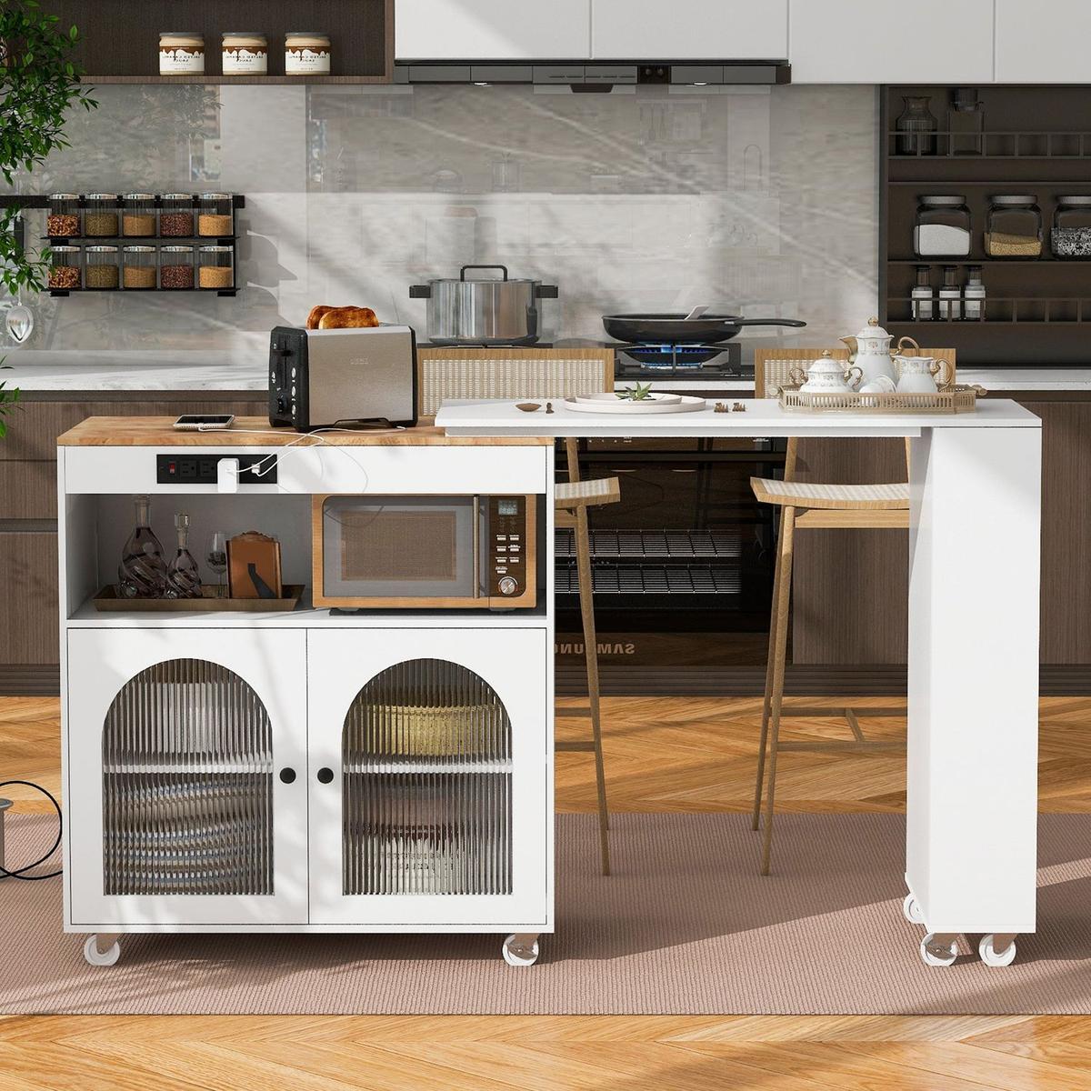 Rolling Kitchen Island With Movable Extended Table, Kitchen Cabinet on Wheels with Power Outlets and 2 Fluted Glass Doors, Kitchen Island with a Storage Compartment and Side 3 Open Shelves, White