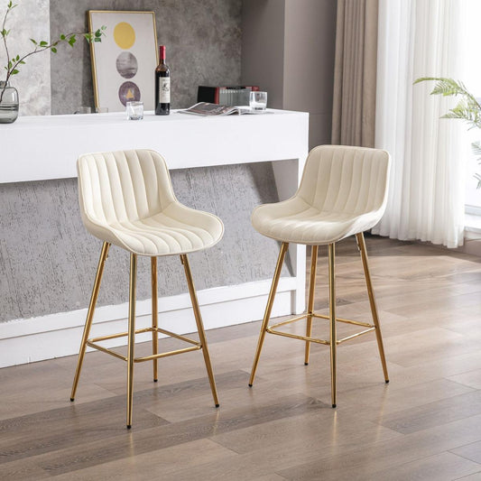 26 Inch Set of 2 Bar Stools, with Chrome Footrest Velvet Fabric Counter Stool Golden Leg Simple Bar Stool, CREAM